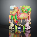 Colorful Toy Animal Characters With Spotted Horse Rabbits Tree Apples Cloud And Flowers
