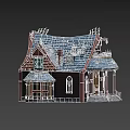 Cartoon Style House With Blue Tiled Roof Red Walls And Arched Windows Near Old Buildings And Trees