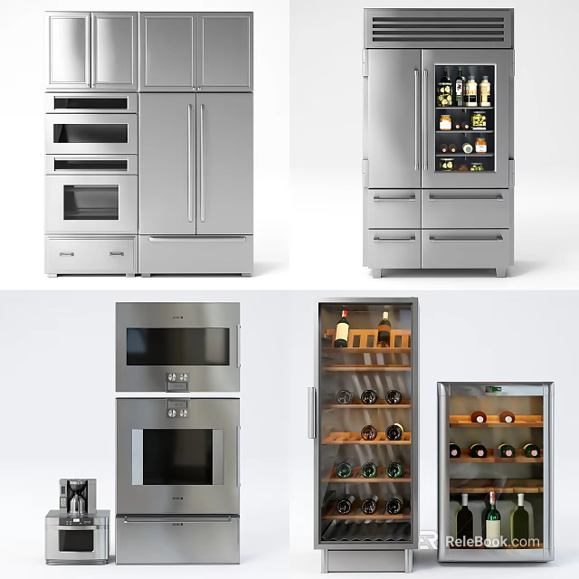 Modern Stainless Steel Refrigerators And Freezers With Wine Cooler And Ovens 3d model 