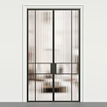 Modern Glass Partition Doors With Vertical Stripes And Black Metal Frames
