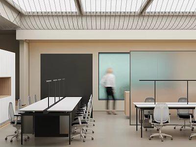 Modern Public Office Space With Open Layout Desks Chairs Glass Partitions And Natural Light 3d model