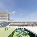 Modern Urban Architecture Exterior With Glass Facade Geometric Roof Tall Buildings Trees And Pedestrians
