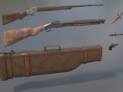 Vintage Weapons Collection Featuring Shotguns Gun Case Knife And Small Pistol 3d model