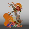 Artistic Floral Installation Design With Orange Fan Decorations Colorful Flowers And Fruit Ornaments