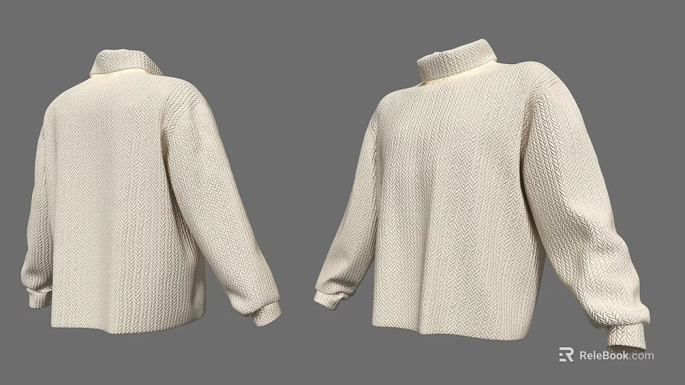 Cream Turtleneck Knitted Sweater Front And Back Views 3d model
