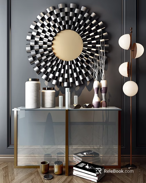 Elegant Modern Console Table Interior With Decorative Vases Circular Mirror And Floor Lamp 3d model