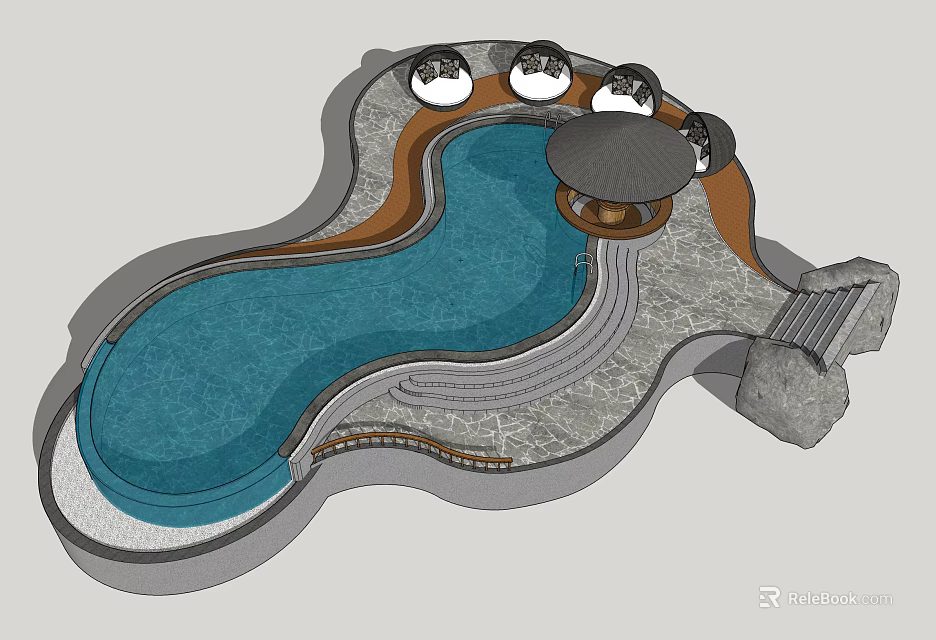 Swimming Pool Design With Irregular Shape Circular Decorations Gazebo And Stone Steps 3d model
