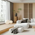 Modern Minimalist Living Room Interior With White Sofa Wooden Coffee Tables And Bookshelves