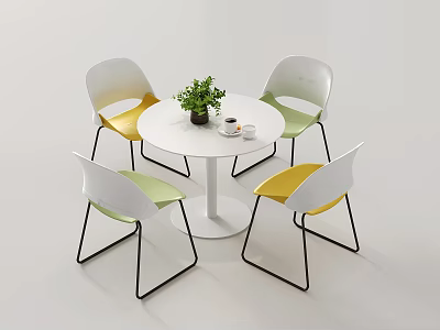 Modern Round White Table With Colorful Chairs Green Plant And Coffee Cups 3d model