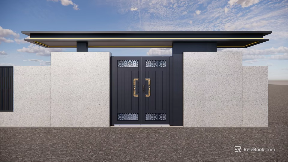 Modern Black Metal Gate With Decorative Patterns And Stone Walls Under Clear Sky 3d model 