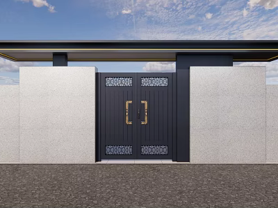Modern Black Metal Gate With Decorative Patterns And Stone Walls Under Clear Sky 3d model