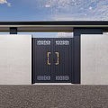 Modern Black Metal Gate With Decorative Patterns And Stone Walls Under Clear Sky