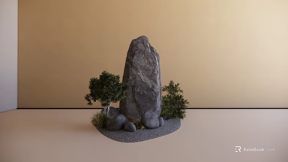 Natural Garden Landscape Design With Large Rock Small Trees And Stones 3d model 