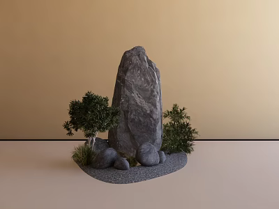 Natural Garden Landscape Design With Large Rock Small Trees And Stones 3d model