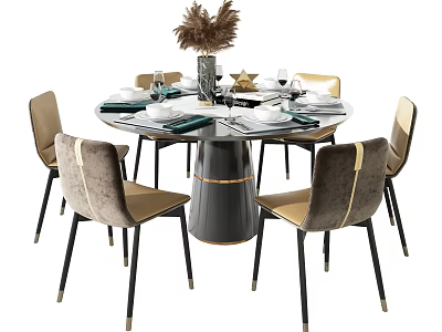 Elegant Round Dining Table Set with Beige Upholstered Chairs Black Base and Decorative Vase 3d model