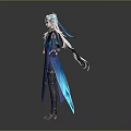 Elegant White Haired Fantasy Game Character In Blue Robe With Golden Details And Flowing Design