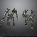 Two Sci Fi Robots With Mechanical Arms And Weaponry On Gray Background