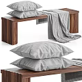 Modern Walnut Wood Sofa Bench With Gray Pillows And Soft Blanket 3d model