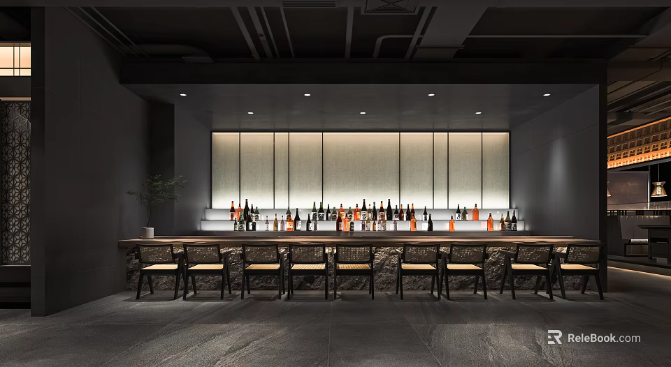 Stylish Dark Interior Restaurant With Long Bar Counter Wine Bottles Front Chairs And Wooden Partition 3d model 