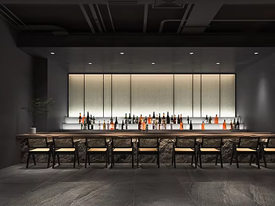 Stylish Dark Interior Restaurant With Long Bar Counter Wine Bottles Front Chairs And Wooden Partition 3d model