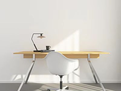 Modern Wooden Desk Setup With White Chair Desk Lamp And Coffee Mug 3d model