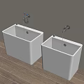 Two White Square Wall Mounted Washbasins With Faucets On Light Wall And Wooden Floor