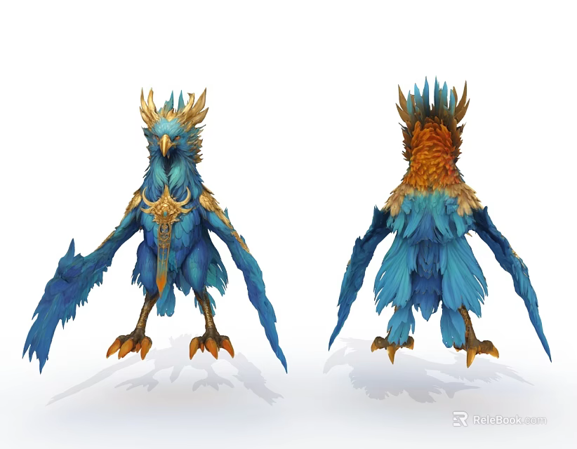 Flying Animal With Blue Orange Feathers Golden Decorative Details And Unique Head Feather Structure 3d model 