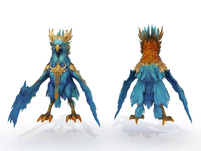 Flying Animal With Blue Orange Feathers Golden Decorative Details And Unique Head Feather Structure 3d model