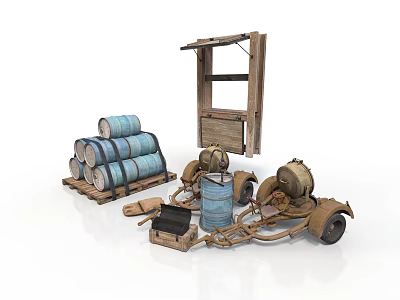 Modern Industrial Interior With Vintage Wooden Barrels Rustic Cart And Shelf 3d model