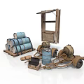 Modern Industrial Interior With Vintage Wooden Barrels Rustic Cart And Shelf