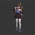 Cat Eared Character Wearing Dark Outfit With Blue Design And White Stockings