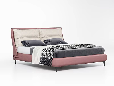 Modern Double Bed With Pink Leather Headboard Beige Cushions Gray Pillows And Checkered Blanket 3d model