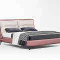 Modern Double Bed With Pink Leather Headboard Beige Cushions Gray Pillows And Checkered Blanket
