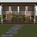 Japanese Garden Pavilion With Bamboo Grove Stone Path Wooden Floor And Stone Lanterns
