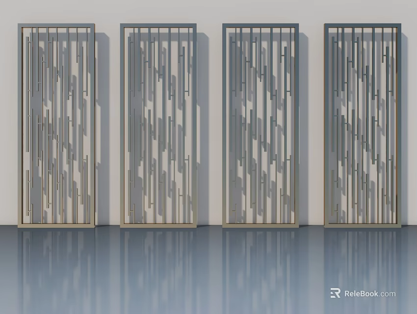 Four Modern Hinged Doors With Metal Frame And Geometric Decorative Panels 3d model 