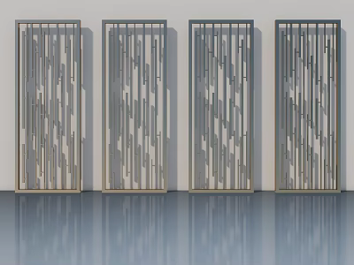 Four Modern Hinged Doors With Metal Frame And Geometric Decorative Panels 3d model