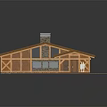 Wooden Frame Building With Green Grass Roof Stone Chimney And Large Windows