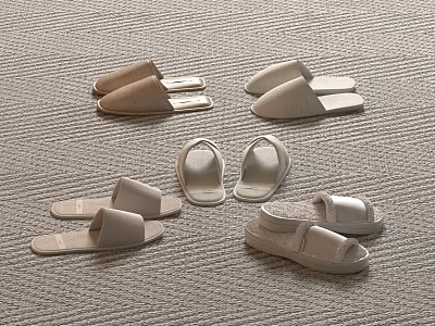 Cozy Beige And White Home Slippers On Light Carpet For Comfortable Wear 3d model