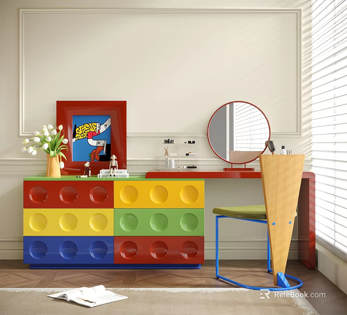 Colorful Lego Style Dressing Table With Round Knobs Round Mirror White Flower Vase And Chair 3d model
