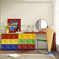 Colorful Lego Style Dressing Table With Round Knobs Round Mirror White Flower Vase And Chair 3d model