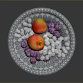 Blue Patterned Decorative Plate With Fresh Apple White And Purple Grapes Neatly Arranged