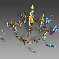 Ancient Architectural Decorative Structure With Golden Chains Green Pendants And Sword Shaped Ornaments