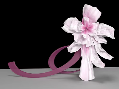 Beautiful Pink White Decorative Flower With Purple Ribbon On Gray Surface 3d model