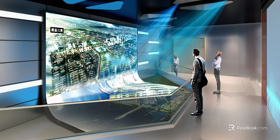 Large Interactive Digital Screen Displaying Urban Planning Map People Watching in Exhibition Hall 3d model 