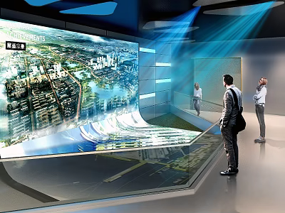 Large Interactive Digital Screen Displaying Urban Planning Map People Watching in Exhibition Hall 3d model