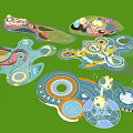 Colorful Children's Play Area Design with Circular Interactive Play Structures and Curved Paths