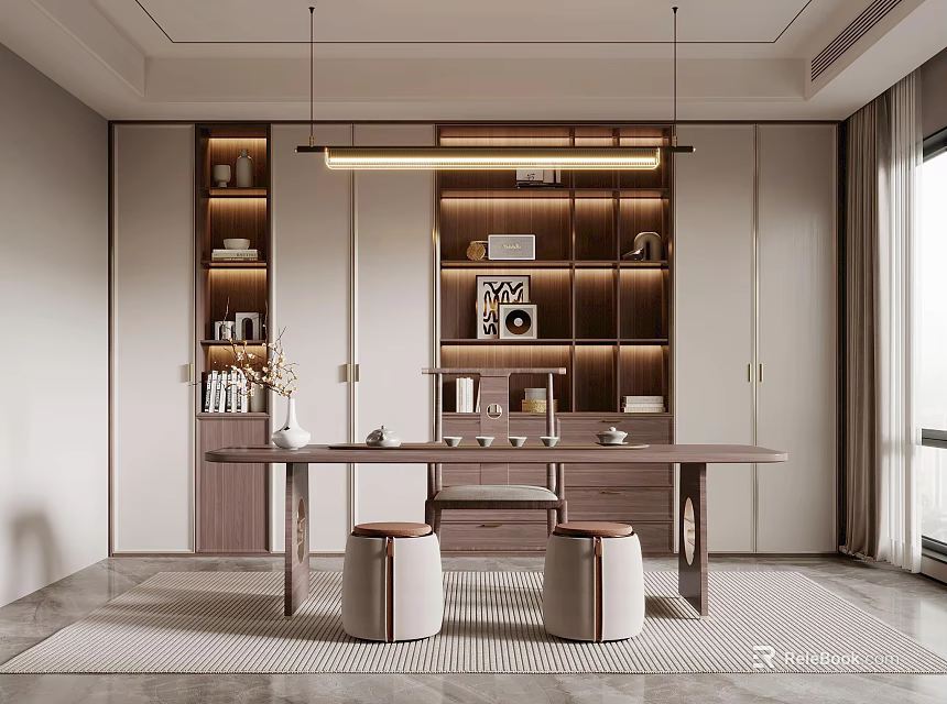 Modern Tea Room Interior With Long Table Two Stools And Shelves 3d model