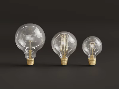 Three Different Sizes Transparent Glass Light Bulbs With Golden Base And Filament Details 3d model