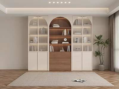 Modern Wooden And White Bookcase With Glass Doors Books And Decorations 3d model