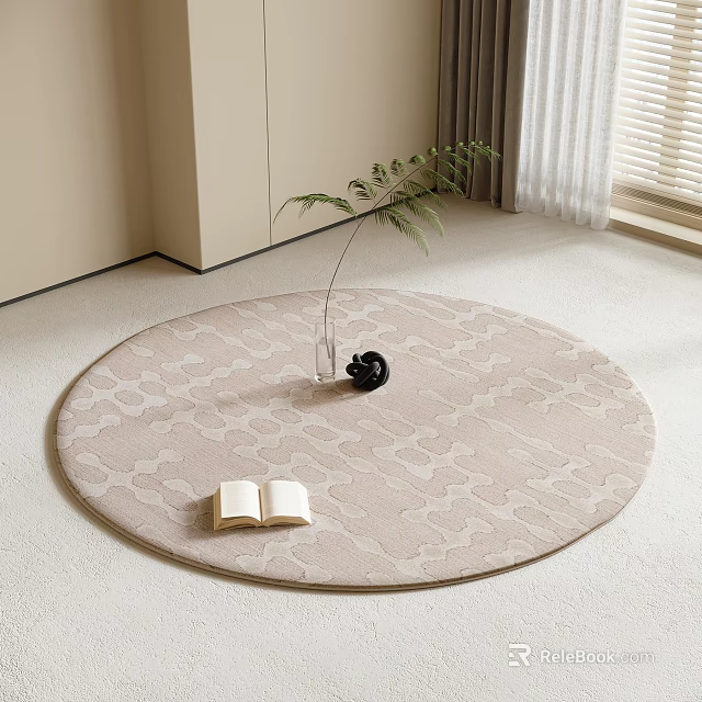 Light Colored Patterned Round Rug With Vase Plant Open Book And Small Decorative Item 3d model